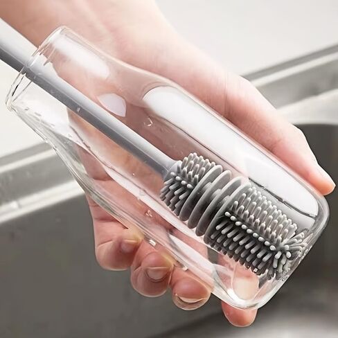Silicone Long Handled Bottle Brush with Flexible Head for Cups and Bottles, Multi Use Cleaner for Kitchen Bathroom Car, Grey in Kuwait