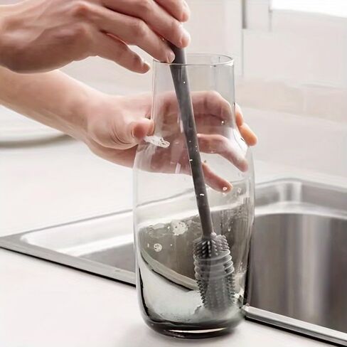 Silicone Long Handled Bottle Brush with Flexible Head for Cups and Bottles, Multi Use Cleaner for Kitchen Bathroom Car, Grey in Kuwait