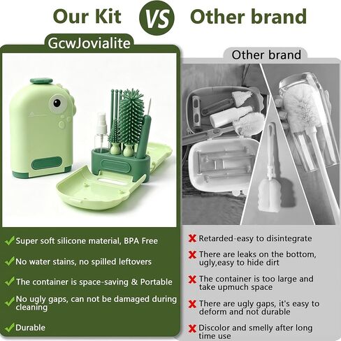Travel Baby Bottle Brush Kit with Case, 6-in-1 Portable Bottle Cleaning Set for Baby Bottles, Nipples, Straws and Breast Pump Parts, Includes Drying Rack and Soap Dispenser, Green in Kuwait