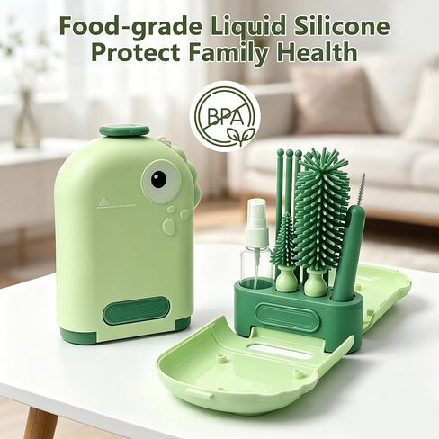 Travel Baby Bottle Brush Kit with Case, 6-in-1 Portable Bottle Cleaning Set for Baby Bottles, Nipples, Straws and Breast Pump Parts, Includes Drying Rack and Soap Dispenser, Green in Kuwait