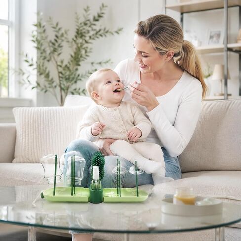 Travel Baby Bottle Brush Kit with Case, 6-in-1 Portable Bottle Cleaning Set for Baby Bottles, Nipples, Straws and Breast Pump Parts, Includes Drying Rack and Soap Dispenser, Green in Kuwait