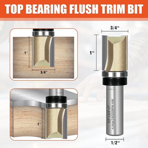 EASEWORK TOOL Template Router Bit,1/2" Shank x 3/4" Dia x 1" Cutting Depth | 5X Lifespan, Pattern Bit, Top Bearing,Razor-Sharp, Burr-Free, Tungsten Carbide, Woodworking in Kuwait