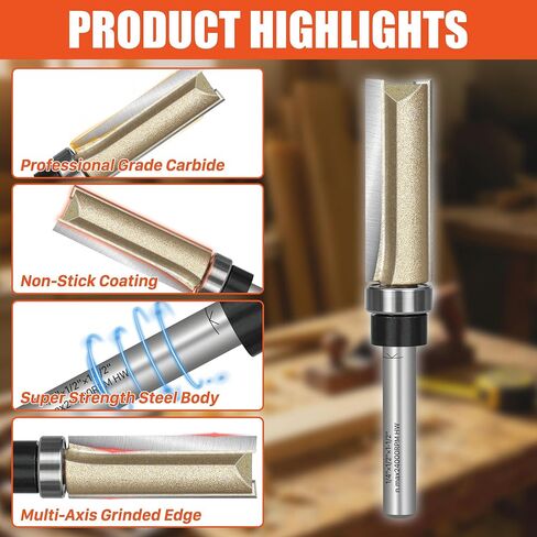 EASEWORK TOOL Template Router Bit,1/2" Shank x 3/4" Dia x 1" Cutting Depth | 5X Lifespan, Pattern Bit, Top Bearing,Razor-Sharp, Burr-Free, Tungsten Carbide, Woodworking in Kuwait