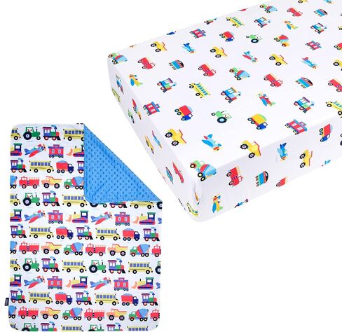 Wildkin Cotton Fitted Crib Sheet Bundle with Plush Throw Blanket (Trains, Planes & Trucks) in Kuwait