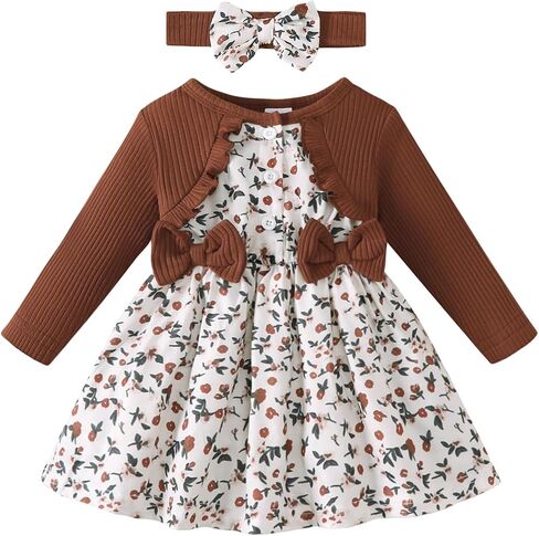 Renotemy Infant Baby Girl Dress Fall Winter Long Sleeve Outfits Dresses Toddler Girls Button Bow Ruffle Clothes with Headband in Kuwait