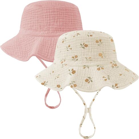 2 Pack Muslin Baby Sun Hat Sun Protection Baby Bucket Hat with Wide Brim Beach Hats for Boys Girls (US, Age, 0 Months, 6 Months, Pink+floral1) in Kuwait