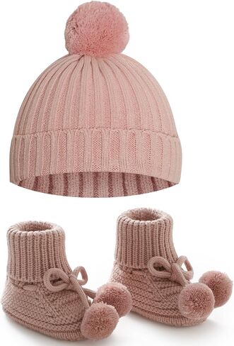 Baby Hats and Booties Set Newborn Knit Pompom Beanie Caps Shoes for Infant Boys Girls Cute Winter Warm Two Piece Sets in Kuwait