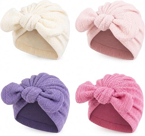 4Pack Preemie Hats Soft Ribbed Knit Baby Girl Turban Bow Hospital Caps | baby bonnets for premature infants, textured wheat ear knit in 4 retro colors, gentle warmth for baby girls in Kuwait