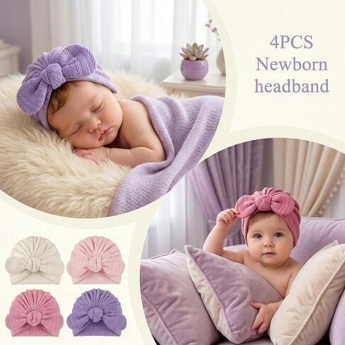 4Pack Preemie Hats Soft Ribbed Knit Baby Girl Turban Bow Hospital Caps | baby bonnets for premature infants, textured wheat ear knit in 4 retro colors, gentle warmth for baby girls in Kuwait