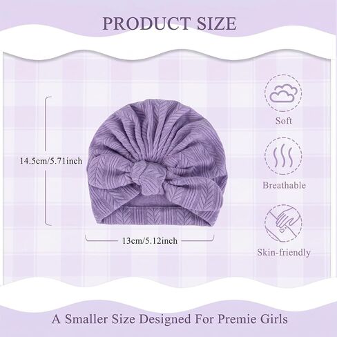 4Pack Preemie Hats Soft Ribbed Knit Baby Girl Turban Bow Hospital Caps | baby bonnets for premature infants, textured wheat ear knit in 4 retro colors, gentle warmth for baby girls in Kuwait