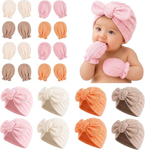 8 Sets Cotton Newborn Hats and Mittens,Ribbed Preemie Baby Girl Turban Beanie Cap with Top Bow Knot, No Scratch Gloves for 0-3 Months Hospital Bag Essentials.Wheat Patterned White/Pink/Apricot in Kuwait