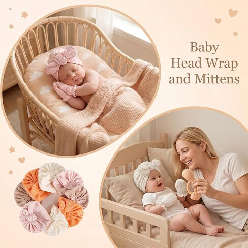8 Sets Cotton Newborn Hats and Mittens,Ribbed Preemie Baby Girl Turban Beanie Cap with Top Bow Knot, No Scratch Gloves for 0-3 Months Hospital Bag Essentials.Wheat Patterned White/Pink/Apricot in Kuwait