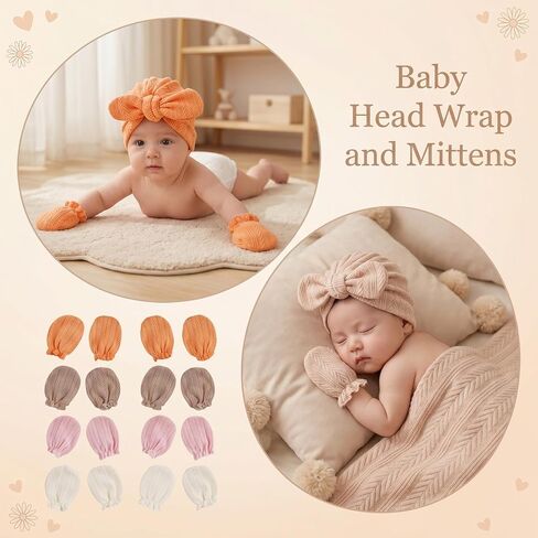 8 Sets Cotton Newborn Hats and Mittens,Ribbed Preemie Baby Girl Turban Beanie Cap with Top Bow Knot, No Scratch Gloves for 0-3 Months Hospital Bag Essentials.Wheat Patterned White/Pink/Apricot in Kuwait