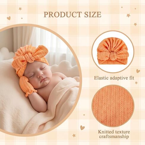 8 Sets Cotton Newborn Hats and Mittens,Ribbed Preemie Baby Girl Turban Beanie Cap with Top Bow Knot, No Scratch Gloves for 0-3 Months Hospital Bag Essentials.Wheat Patterned White/Pink/Apricot in Kuwait