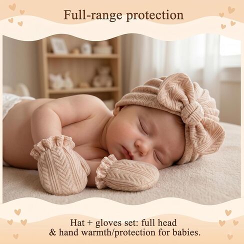 8 Sets Cotton Newborn Hats and Mittens,Ribbed Preemie Baby Girl Turban Beanie Cap with Top Bow Knot, No Scratch Gloves for 0-3 Months Hospital Bag Essentials.Wheat Patterned White/Pink/Apricot in Kuwait