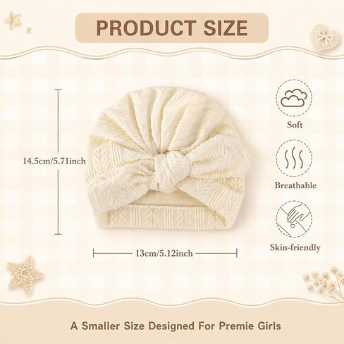 8 Sets Cotton Newborn Hats and Mittens,Ribbed Preemie Baby Girl Turban Beanie Cap with Top Bow Knot, No Scratch Gloves for 0-3 Months Hospital Bag Essentials.Wheat Patterned White/Pink/Apricot in Kuwait