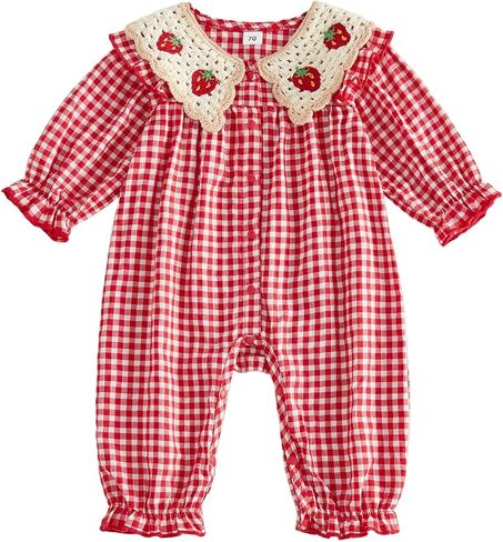 Baby Girl Christmas Romper Santa 3 6 12 18 Months Girls Bodysuits Jumpsuits | Soft, comfortable and breathable; Ensure good skin comfort, paired with a ruffled trim for a stylish, cute, and casual feel in Kuwait
