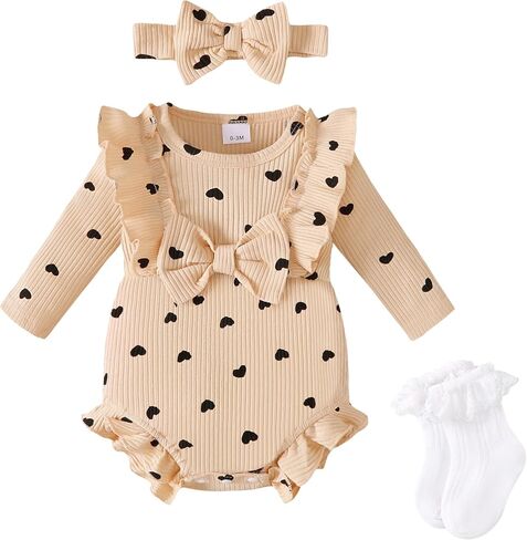 Renotemy Baby Girl Clothes Ruffle Bodysuit Romper Long Sleeve Cotton Outfit with Headband Preemie Newborn Fall Winter Gifts in Kuwait