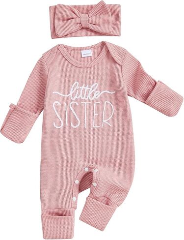Infant Girl Fall Clothes Romper Waffle Knit Little Sis Coming Home Outfit | Newborn Baby Girl Fall Little Sis Clothes Long Sleeve Waffle Knit Sweater One-Piece Romper Infant girl Coming Home Clothes in Kuwait