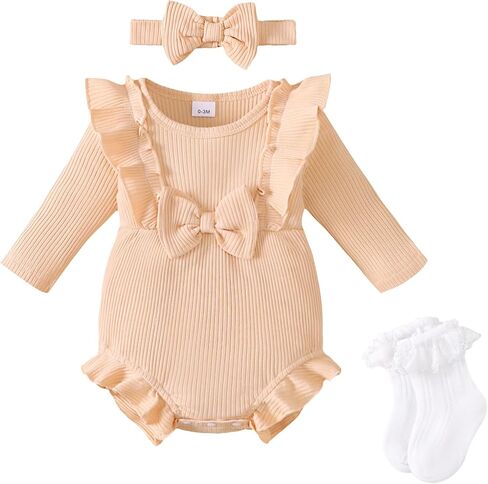 Renotemy Baby Girl Clothes Ruffle Bodysuit Romper Long Sleeve Cotton Outfit with Headband Preemie Newborn Fall Winter Gifts in Kuwait