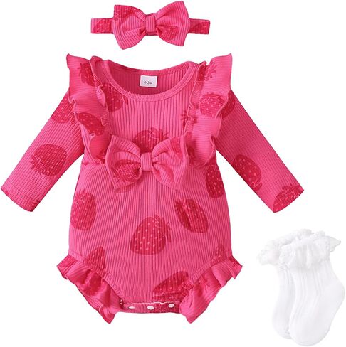 Renotemy Baby Girl Clothes Ruffle Bodysuit Romper Long Sleeve Cotton Outfit with Headband Preemie Newborn Fall Winter Gifts in Kuwait