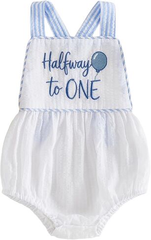 Honganda Baby Girls Half Birthday Outfit Half Way to One 1/2 Birthday Bubble Romper 6 Month Old Baby Girl Sleeveless Overalls in Kuwait