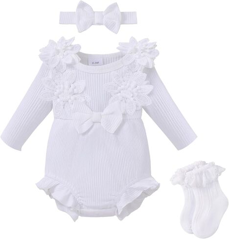 Renotemy Baby Girl Clothes Ruffle Bodysuit Romper Long Sleeve Cotton Outfit with Headband Preemie Newborn Fall Winter Gifts in Kuwait
