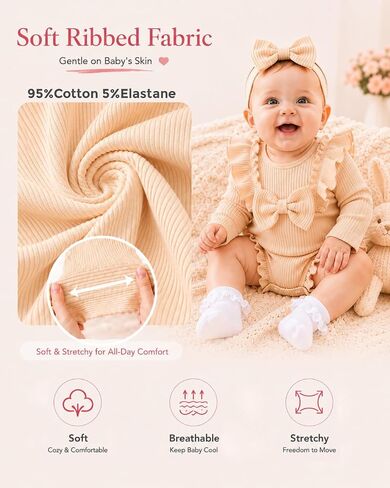 Renotemy Baby Girl Clothes Ruffle Bodysuit Romper Long Sleeve Cotton Outfit with Headband Preemie Newborn Fall Winter Gifts in Kuwait