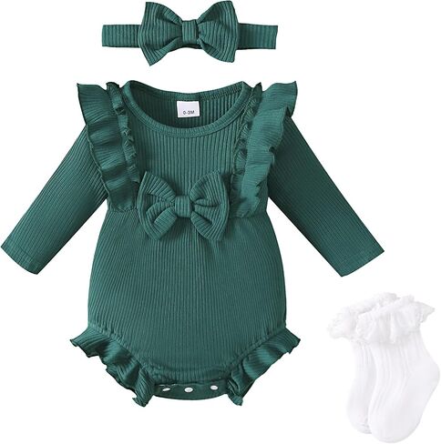 Renotemy Baby Girl Clothes Ruffle Bodysuit Romper Long Sleeve Cotton Outfit with Headband Preemie Newborn Fall Winter Gifts in Kuwait