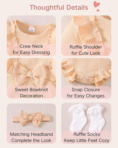 Renotemy Baby Girl Clothes Ruffle Bodysuit Romper Long Sleeve Cotton Outfit with Headband Preemie Newborn Fall Winter Gifts in Kuwait
