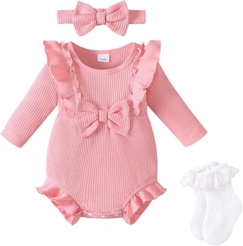 Renotemy Baby Girl Clothes Ruffle Bodysuit Romper Long Sleeve Cotton Outfit with Headband Preemie Newborn Fall Winter Gifts in Kuwait