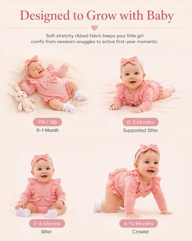 Renotemy Baby Girl Clothes Ruffle Bodysuit Romper Long Sleeve Cotton Outfit with Headband Preemie Newborn Fall Winter Gifts in Kuwait