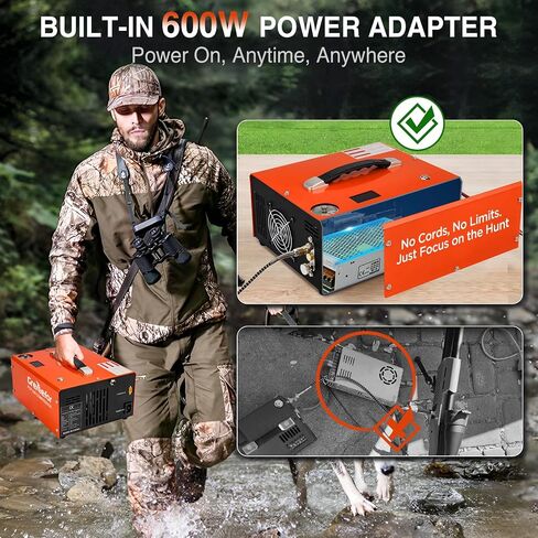 PCP Air Compressor 4500Psi/30Mpa, 350W Oil-Free Fast Fill Pump with Auto Shut-Off, Dual Power 12V DC & 110V/220V AC, Portable Air Pump Paintball, Air Rifle, Airguns HPA Tanks, Orange(Compact) in Kuwait