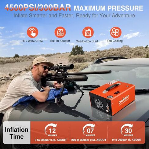 PCP Air Compressor 4500Psi/30Mpa, 350W Oil-Free Fast Fill Pump with Auto Shut-Off, Dual Power 12V DC & 110V/220V AC, Portable Air Pump Paintball, Air Rifle, Airguns HPA Tanks, Orange(Compact) in Kuwait