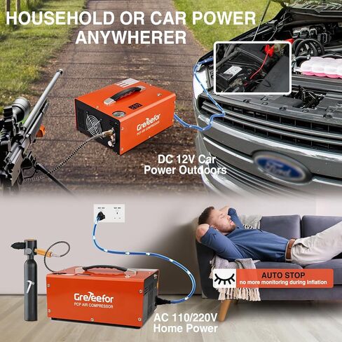 PCP Air Compressor 4500Psi/30Mpa, 350W Oil-Free Fast Fill Pump with Auto Shut-Off, Dual Power 12V DC & 110V/220V AC, Portable Air Pump Paintball, Air Rifle, Airguns HPA Tanks, Orange(Compact) in Kuwait