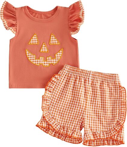 Halloween Outfit Toddler Baby Girl Pumpkin Face Ruffle Sleeveless Shirt Tank Top+ Plaid Shorts Set in Kuwait