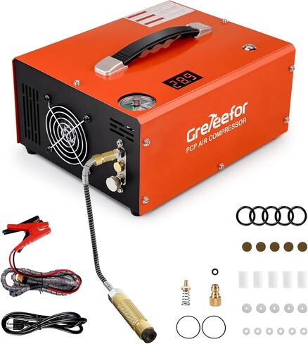 PCP Air Compressor 4500Psi/30Mpa, 350W Oil-Free Fast Fill Pump with Auto Shut-Off, Dual Power 12V DC & 110V/220V AC, Portable Air Pump Paintball, Air Rifle, Airguns HPA Tanks, Orange(Compact) in Kuwait