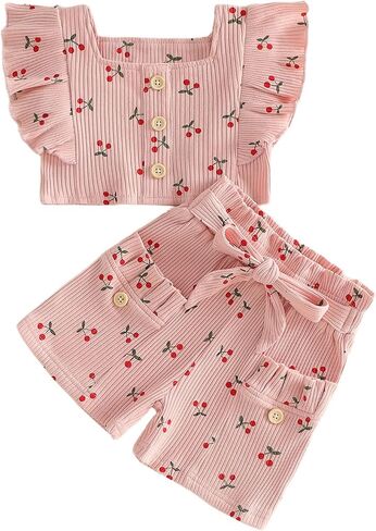 WZTYYDS Toddler Baby Girl Summer Clothes Ruffle Sleeveless Cherry Print Tops Shorts Set Cute 2Pcs Infant Outfits in Kuwait