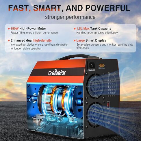 PCP Air Compressor 4500 PSI / 30 MPa, 350W Motor, LCD Display, Auto Stop, Water/Oil-Free, Built-in 600W Adapter, 12V DC & 110V/220V AC Power for Paintball Tanks, Airguns & Air Rifles, Orange in Kuwait