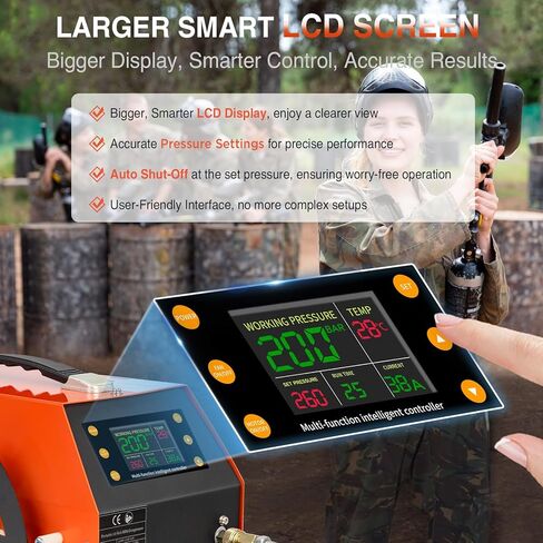 PCP Air Compressor 4500 PSI / 30 MPa, 350W Motor, LCD Display, Auto Stop, Water/Oil-Free, Built-in 600W Adapter, 12V DC & 110V/220V AC Power for Paintball Tanks, Airguns & Air Rifles, Orange in Kuwait