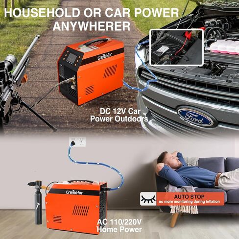 PCP Air Compressor 4500 PSI / 30 MPa, 350W Motor, LCD Display, Auto Stop, Water/Oil-Free, Built-in 600W Adapter, 12V DC & 110V/220V AC Power for Paintball Tanks, Airguns & Air Rifles, Orange in Kuwait