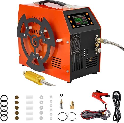 PCP Air Compressor 4500 PSI / 30 MPa, 350W Motor, LCD Display, Auto Stop, Water/Oil-Free, Built-in 600W Adapter, 12V DC & 110V/220V AC Power for Paintball Tanks, Airguns & Air Rifles, Orange in Kuwait