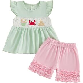 Toddler Baby Girl Outfits Whale Crab Smocked Ruffled Fly Sleeve Tops Shorts 2 Pieces Set Cute Summer Clothes in Saudi Arabia