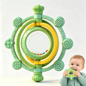 3D Rotatable Rattle Baby Teething Toys for 0-6 6-12 Months | Silicone Baby Teether Sensory Toys for Babies 0-24Months Relief Chew Sore Gums for Newborn Infant Essentials BPA Free in Kuwait