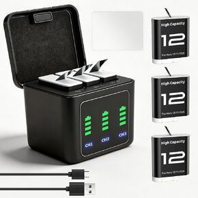 Battery Charger Kit with 3 Batteries for GoPro Hero 12 11 10 9 | 2580mAh Capacity,Triple Charging Case,Type-C Cable,Tempered Glass Protector,Camera Replacement Accessories in Saudi Arabia