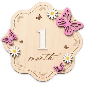 Baby Monthly Milestone Signs, Double-Sided Wooden Board with Interchangeable Numbers, Floral Butterfly Design for Baby Girl Newborn Photography Props in Kuwait