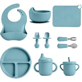 Silicone Baby Feeding Set 10 Pcs, Baby feeding essentials with Suction Plate, Bowl, Bib, Placemat, Silicone spoon&forks, Stainless Spoons&forks, straw cup and sippy cup (Pink) in Kuwait