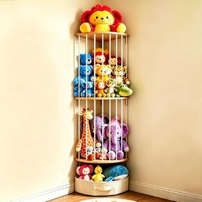 Double Layer Corner Stuffed Animal Storage Wood with Fan-Shaped Basket | 3-Panel Wall-Mounted Design, Adjustable Hanging Height, Easy to Install, Space Saving, Corner Stuffed Animal Zoo for Nursery in Kuwait