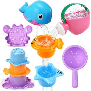 Baby Mold Free Bath Toys for Kids Ages 1-3, 6 PCS Toddler Bathtub Pool Sand Beach Toys with Whale Spoon Watering Can Stacking Cups for Baby Toddler Water Table Games, Girls Boys Gifts in Kuwait