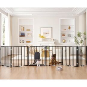 No Pawblems Dog Gate with Cat Door, Free Standing 30'' Tall Foldable Dog Fence for Indoor & Outdoor, Up to 156 Inch Extra Wide Puppy Gate for Stairs, Hallways, Doorways, Deck, Yard (Black, 6 Panels) in Saudi Arabia